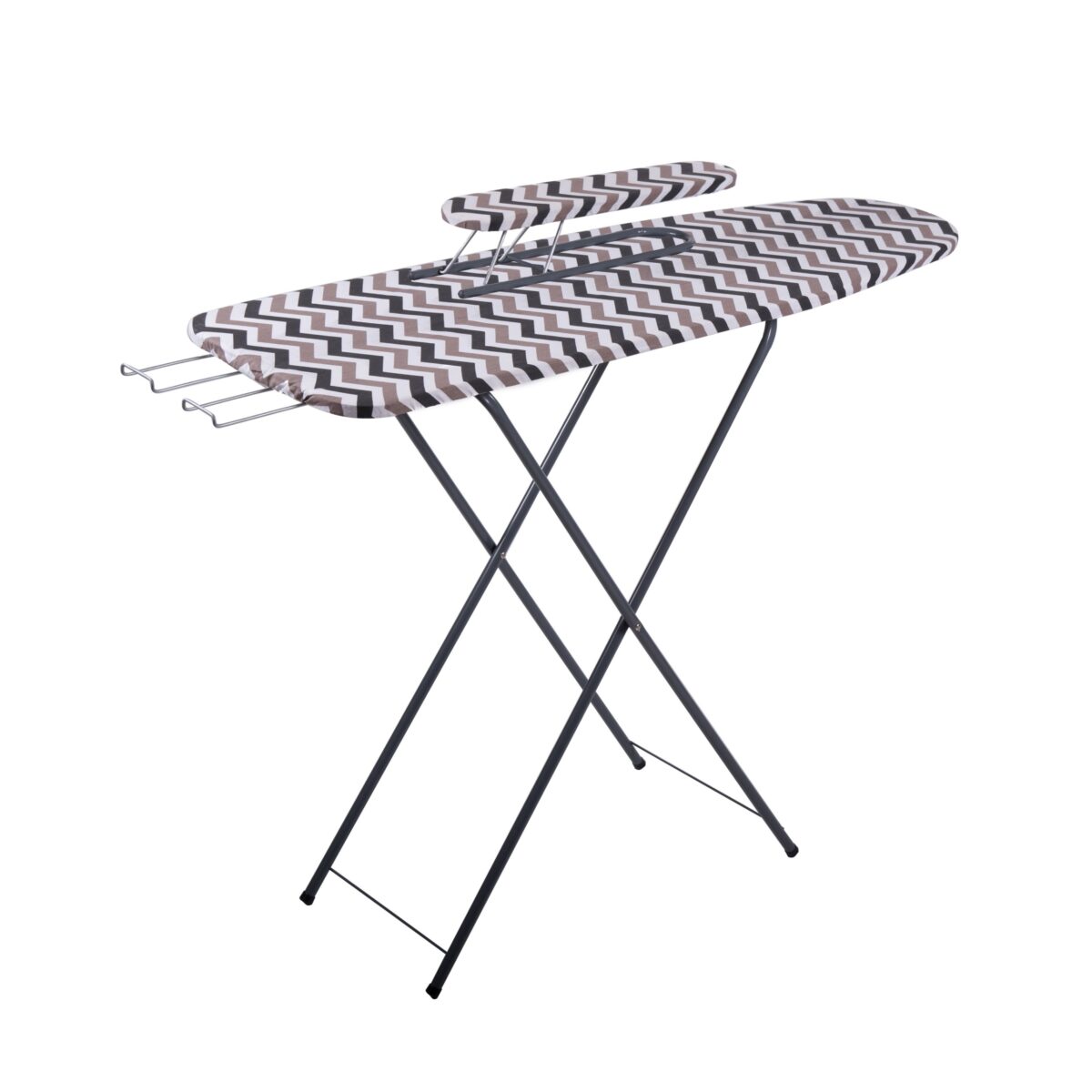 Ironing board with sleeve board and adjustable features for compact spaces