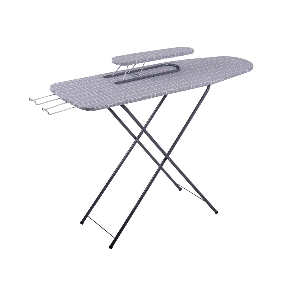 Compact ironing board with sleeve extension, grey color