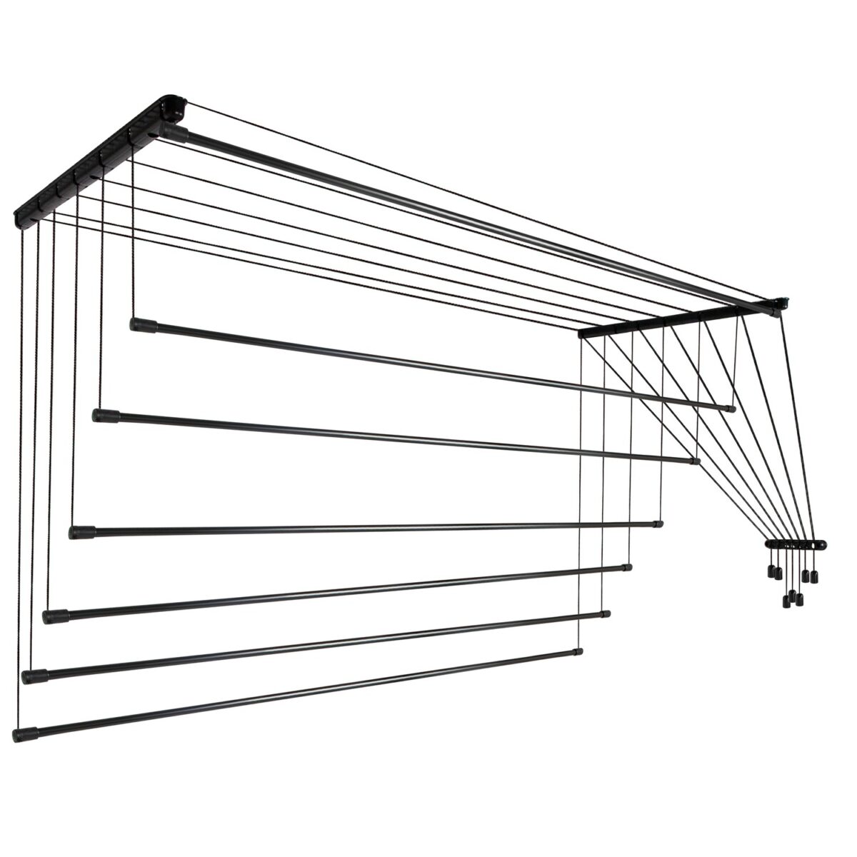 Ceiling laundry dryer with black rods and compact design for indoor use