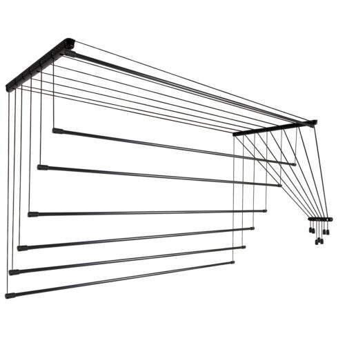 Ceiling laundry dryer with black rods and compact design for indoor use